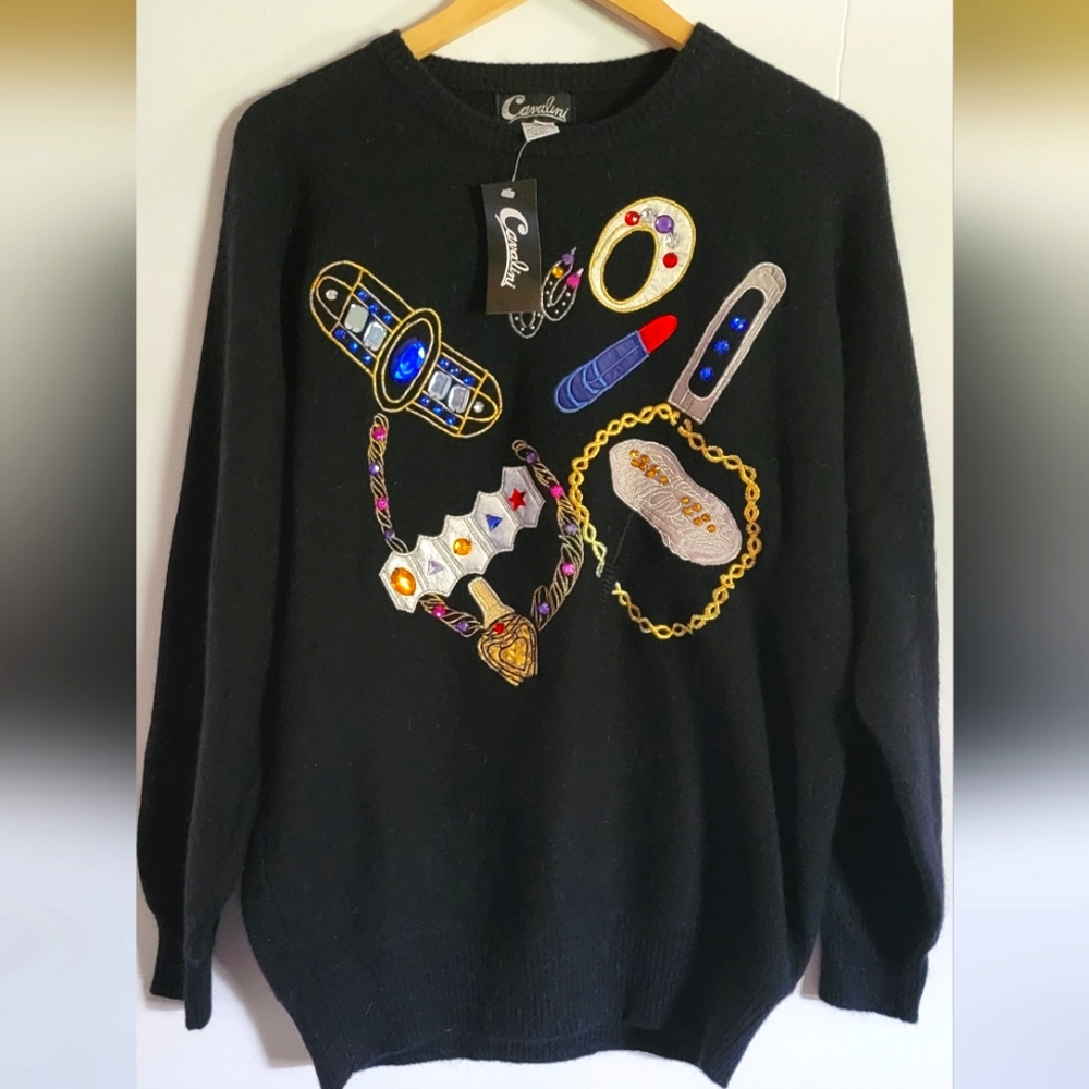 VTG NOS Cavalini Bling Lambswool Angora Sweater Wearable Art Embellished Gaudy